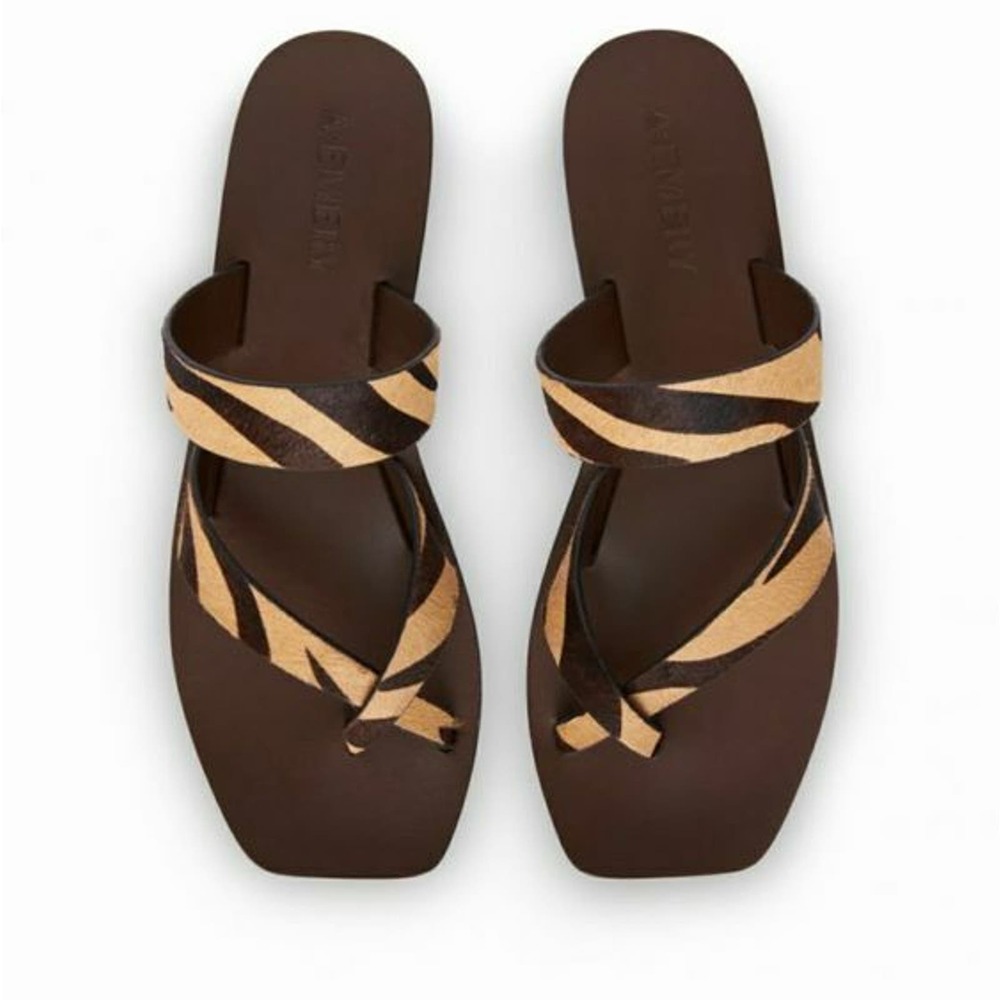 A.EMERY Zebra-Print Brown Leather Slide Sandals